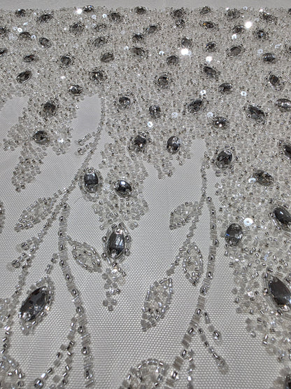 LL-1586, 3D white couture lace with gemstones for wedding dresses