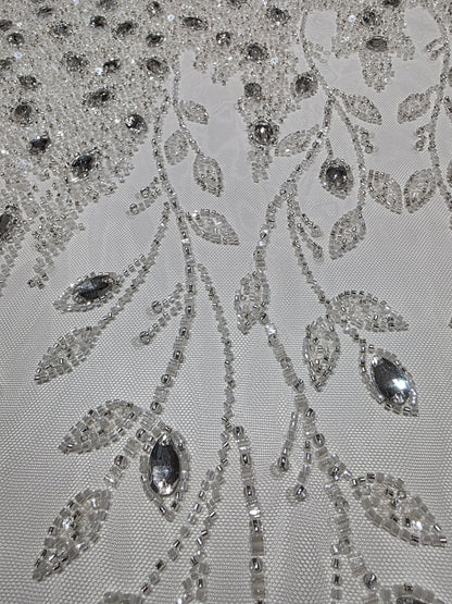 LL-1586, 3D white couture lace with gemstones for wedding dresses