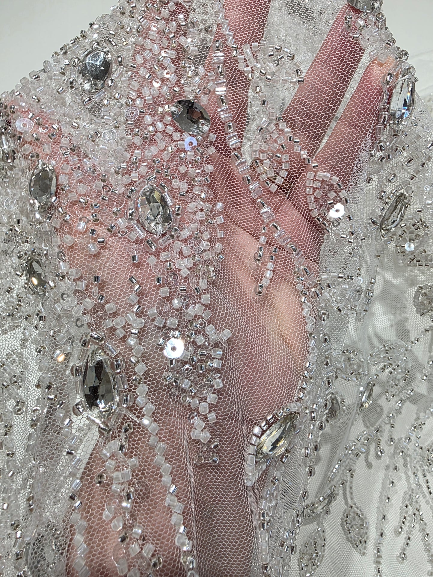 LL-1586, 3D white couture lace with gemstones for wedding dresses