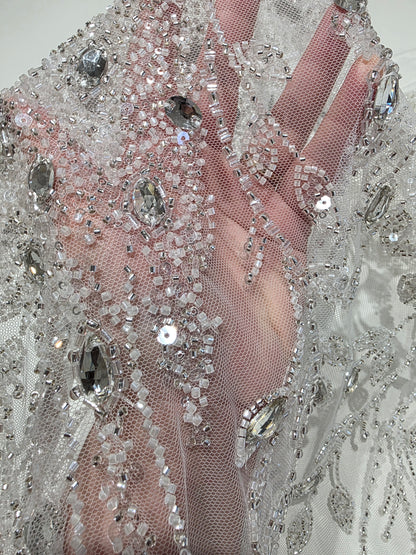 LL-1586, 3D white couture lace with gemstones for wedding dresses