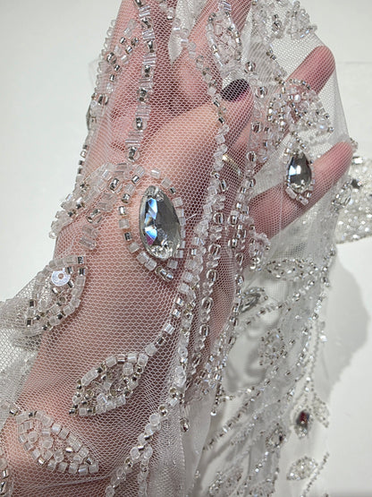 LL-1586, 3D white couture lace with gemstones for wedding dresses