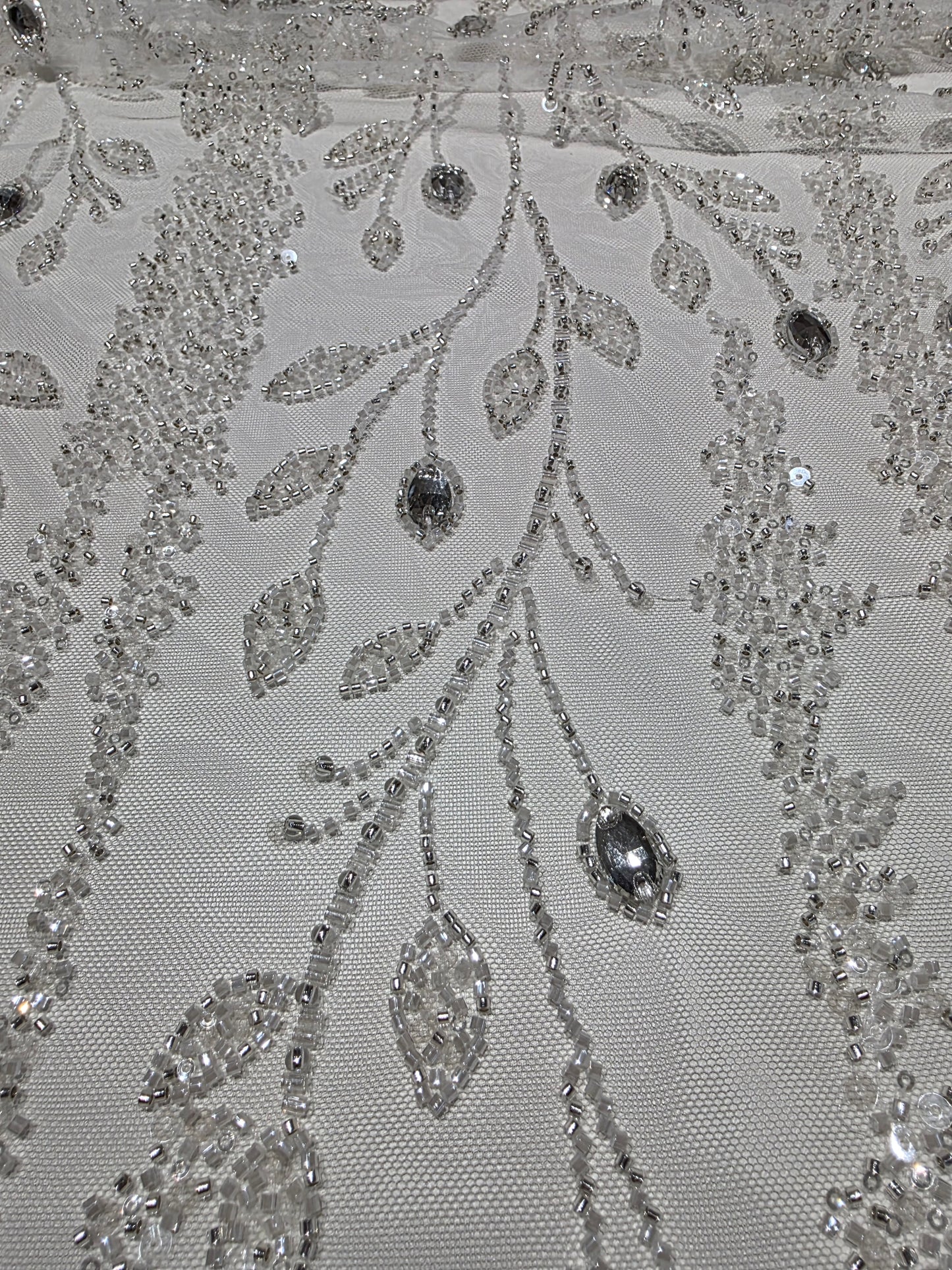 LL-1586, 3D white couture lace with gemstones for wedding dresses