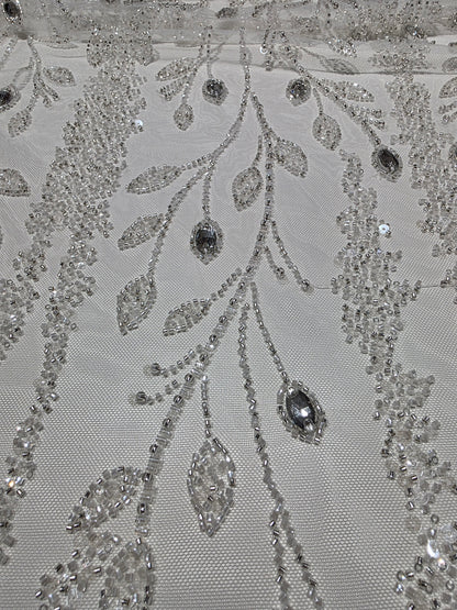 LL-1586, 3D white couture lace with gemstones for wedding dresses