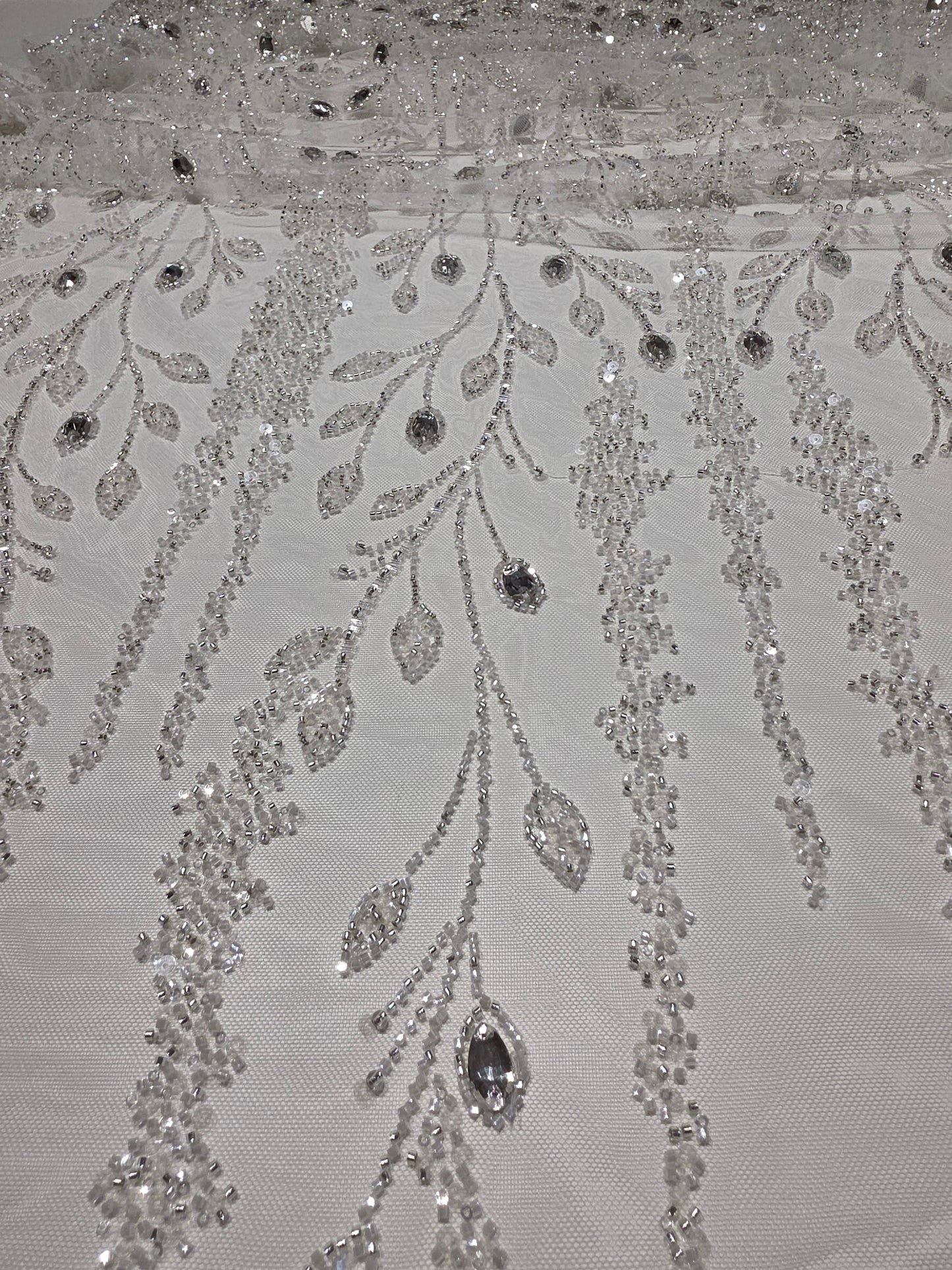 LL-1586, 3D white couture lace with gemstones for wedding dresses