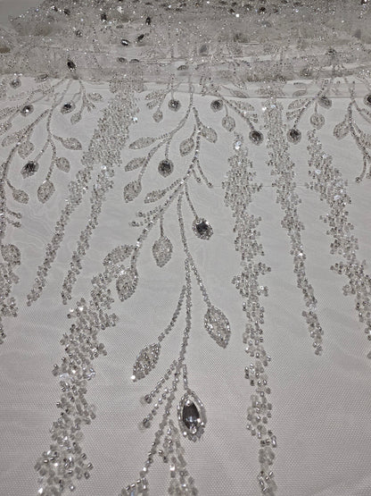 LL-1586, 3D white couture lace with gemstones for wedding dresses