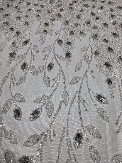 LL-1586, 3D white couture lace with gemstones for wedding dresses
