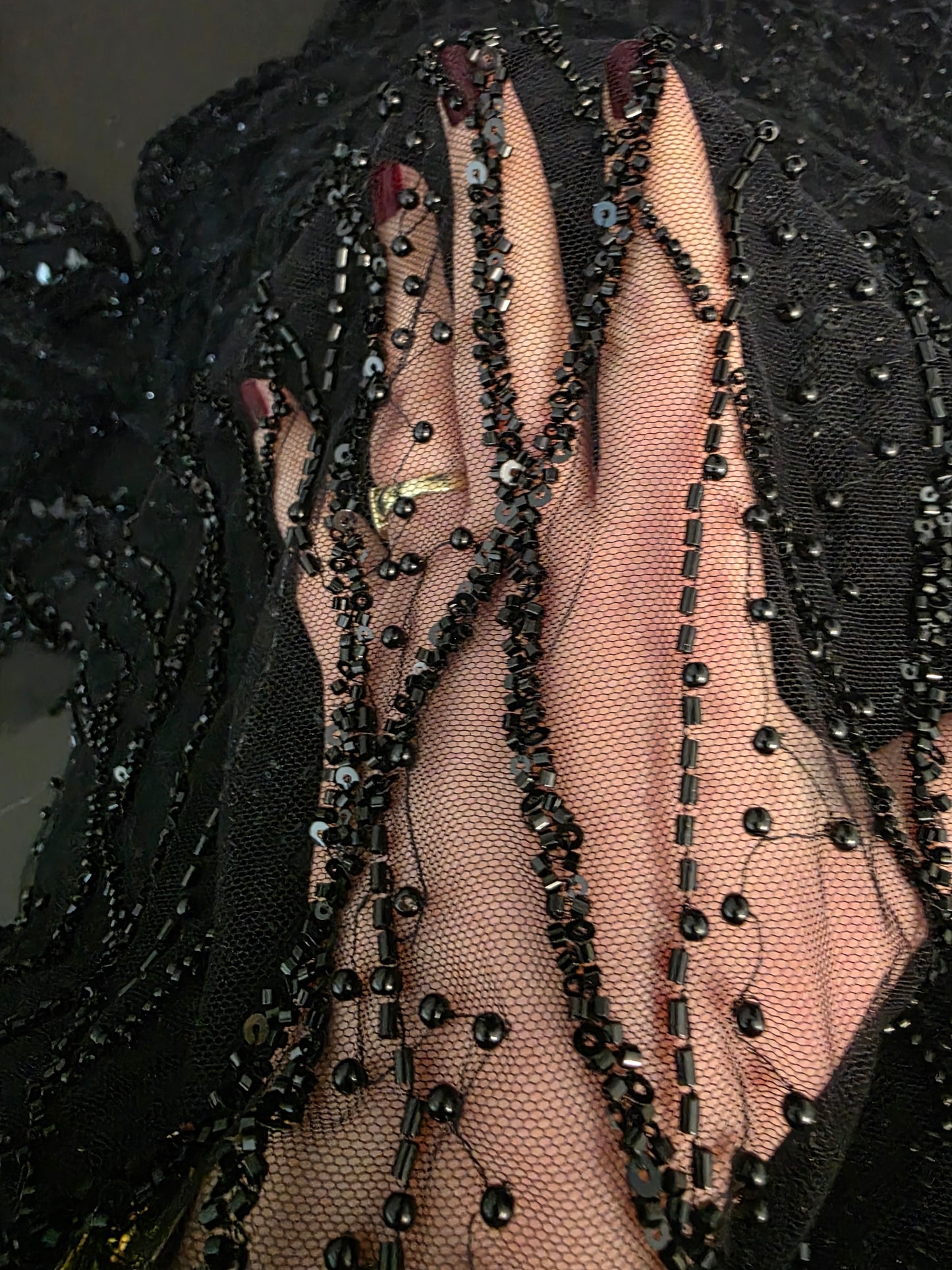 LL-1593, beaded black lace fabric with abstract wave design