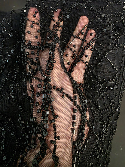 LL-1593, beaded black lace fabric with abstract wave design