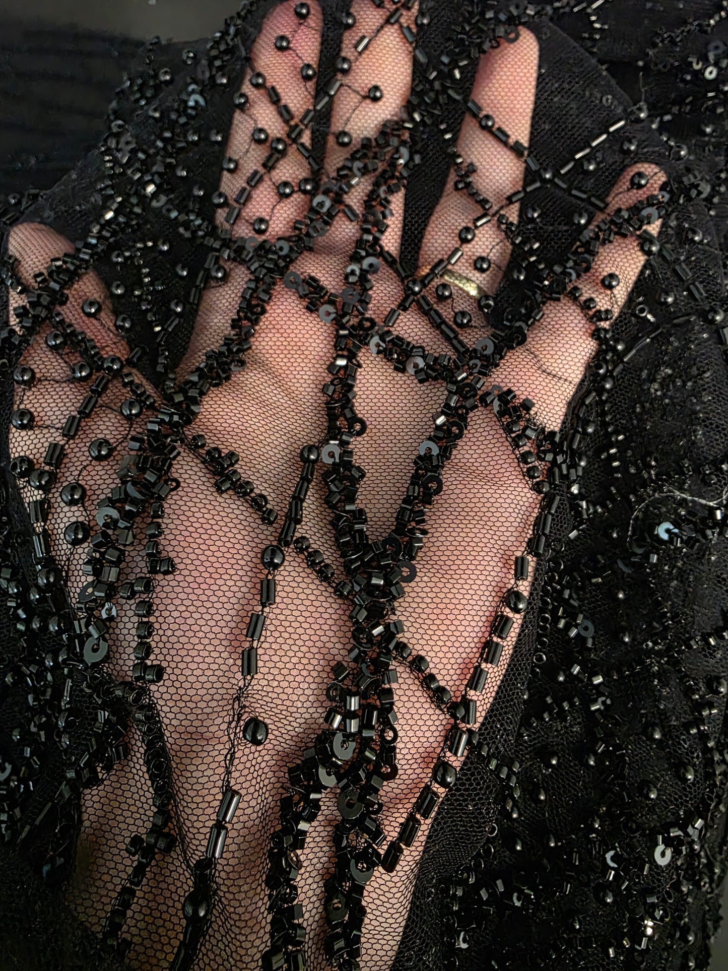 LL-1593, beaded black lace fabric with abstract wave design