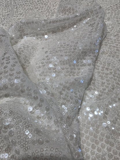LL-1592, transparent meshfabric with big and small sequins in off-white color