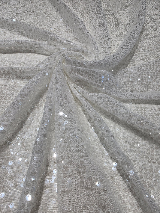 LL-1592, transparent meshfabric with big and small sequins in off-white color