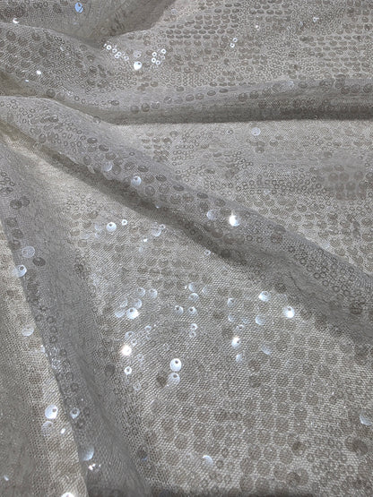 LL-1592, transparent meshfabric with big and small sequins in off-white color