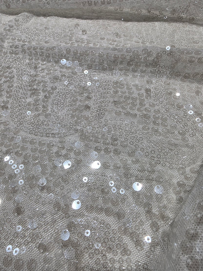 LL-1592, transparent meshfabric with big and small sequins in off-white color