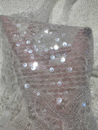 LL-1592, transparent meshfabric with big and small sequins in off-white color