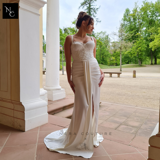 CLEO Dress - custommade draped bridaldress with lace corset and leg slit