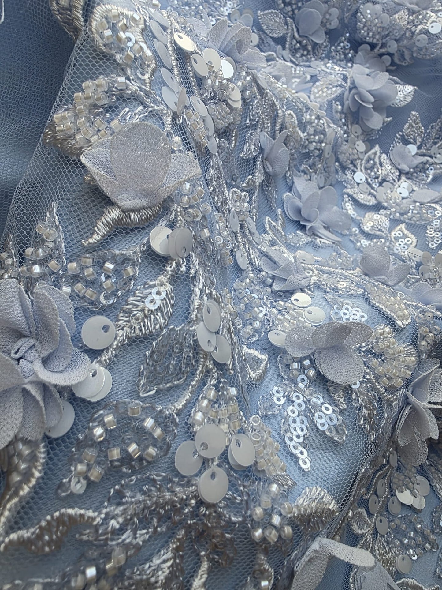 LL-1589, 3D Flower Lace Fabric in Bleu Color