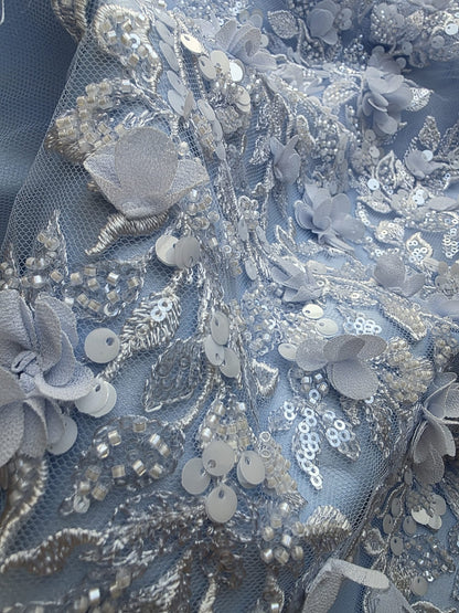 LL-1589, 3D Flower Lace Fabric in Bleu Color