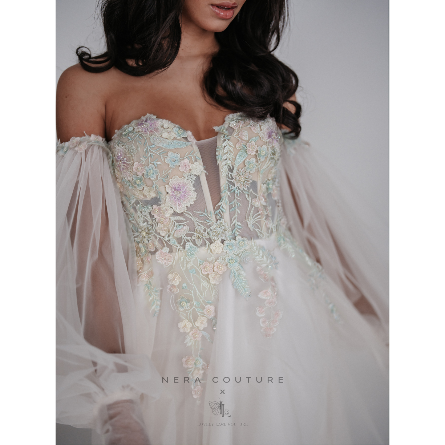 AMELIE Dress - Colorful a-line weddingdress, ivory fairy tale weddingown with sleeves