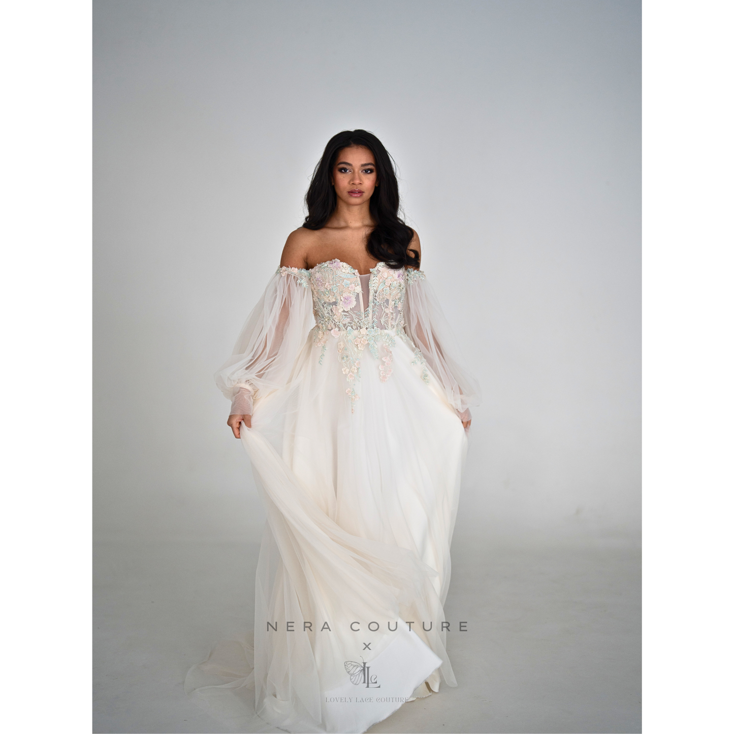 AMELIE Dress - Colorful a-line weddingdress, ivory fairy tale weddingown with sleeves