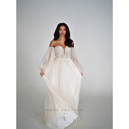 AMELIE Dress - Colorful a-line weddingdress, ivory fairy tale weddingown with sleeves