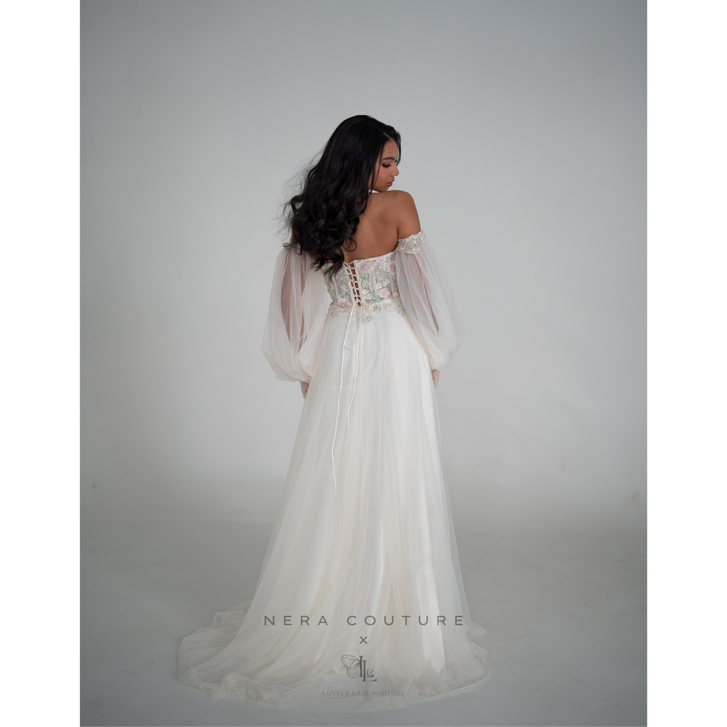 AMELIE Dress - Colorful a-line weddingdress, ivory fairy tale weddingown with sleeves