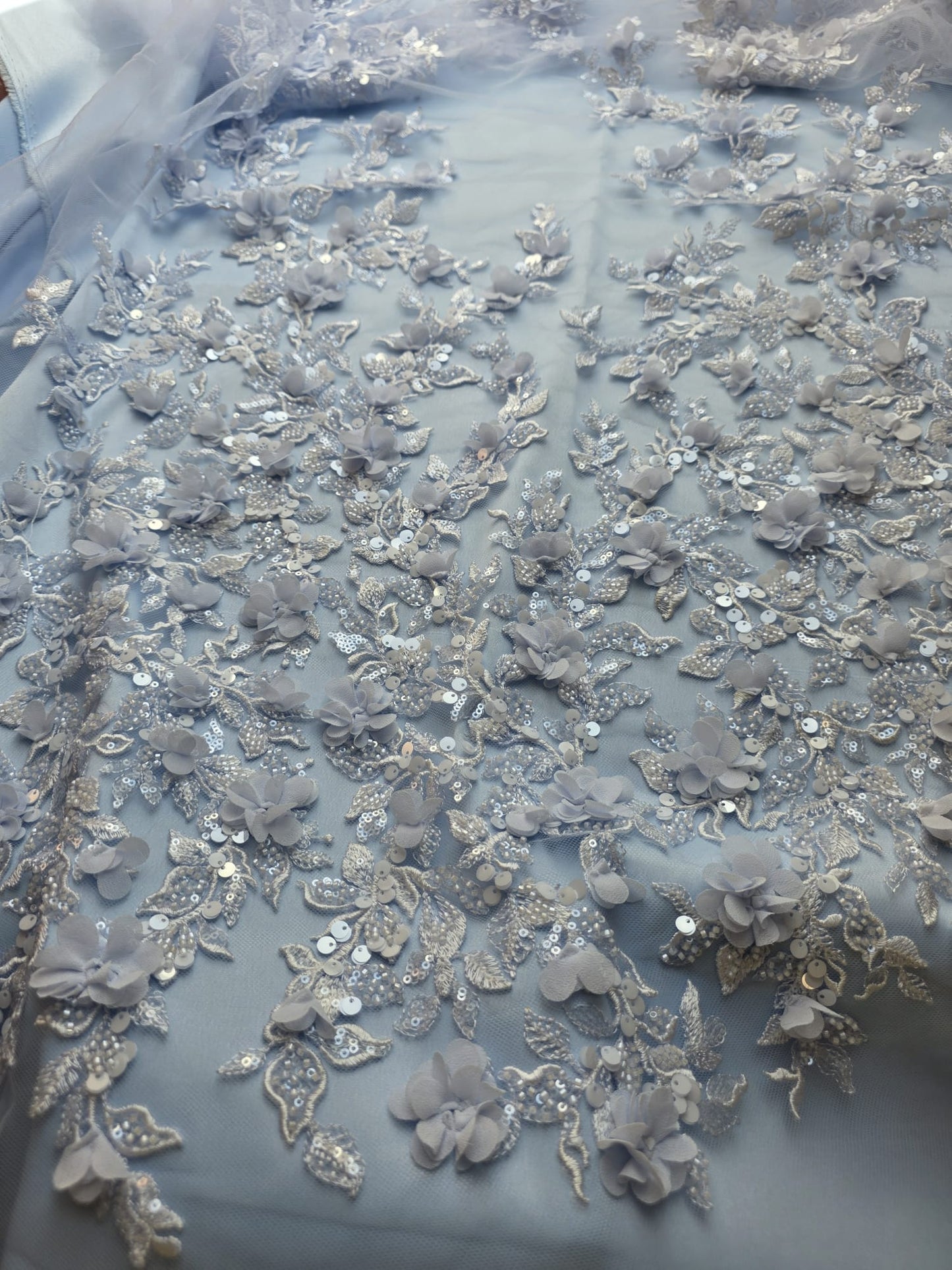LL-1589, 3D Flower Lace Fabric in Bleu Color