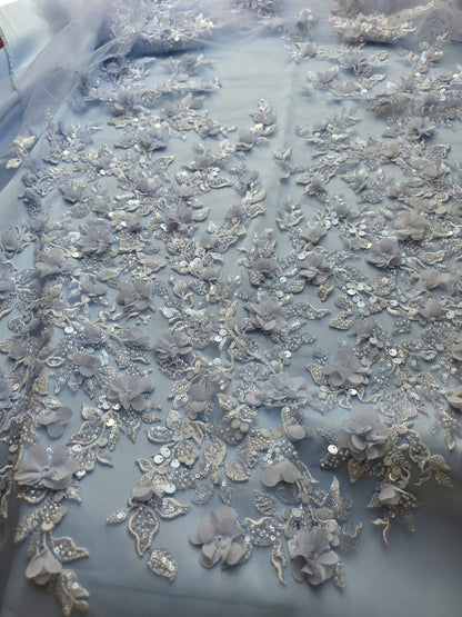 LL-1589, 3D Flower Lace Fabric in Bleu Color