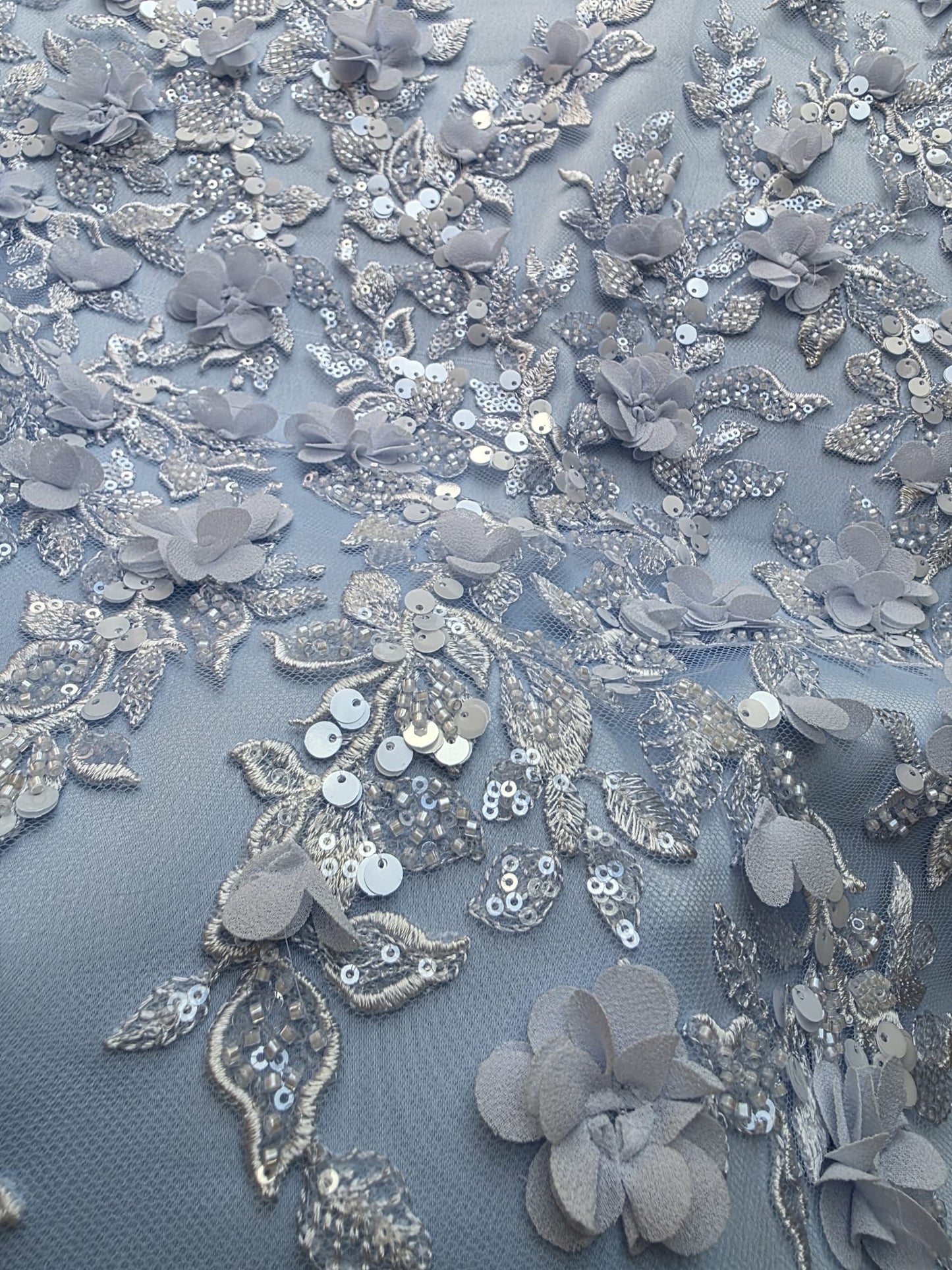 LL-1589, 3D Flower Lace Fabric in Bleu Color