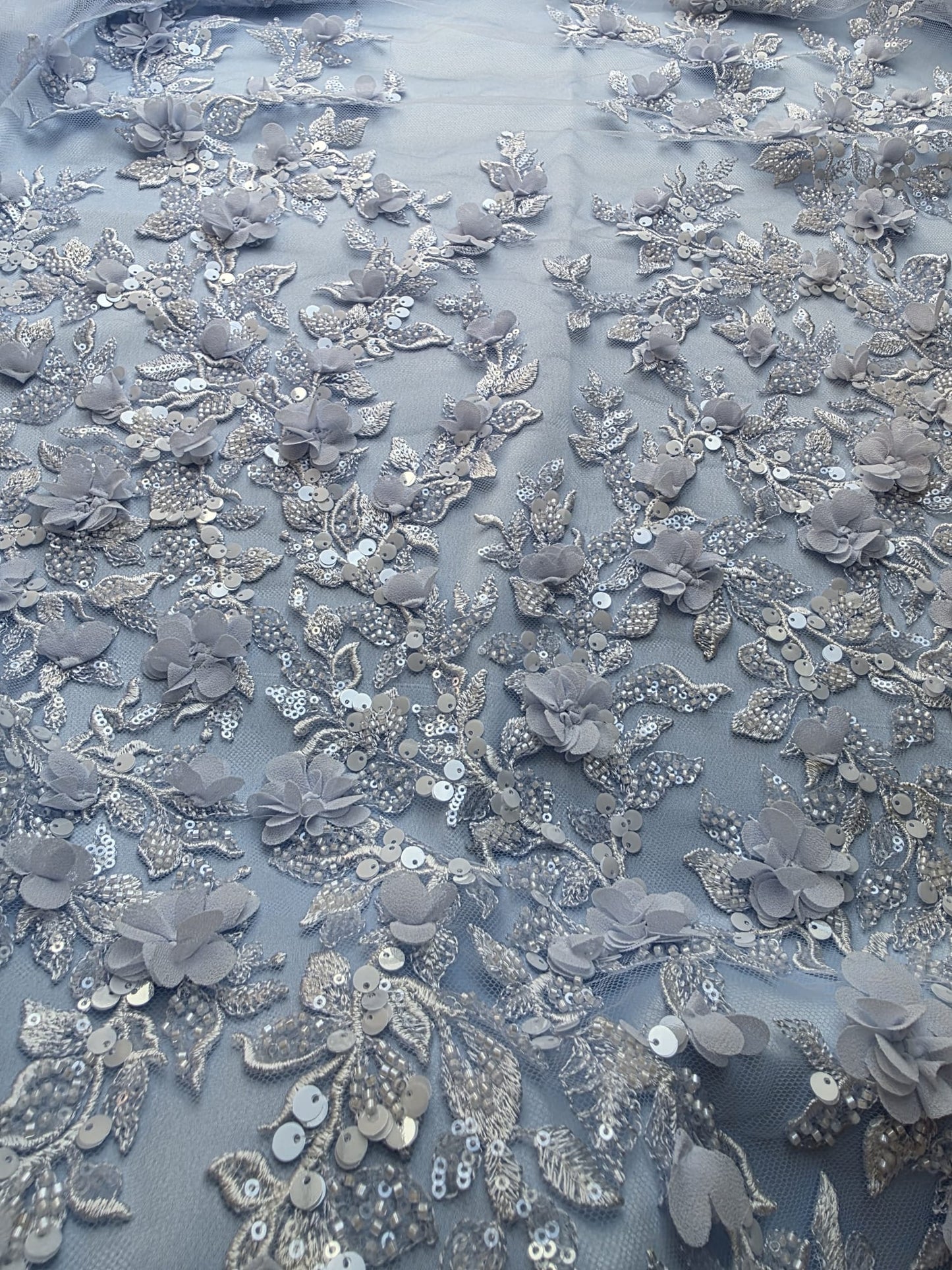 LL-1589, 3D Flower Lace Fabric in Bleu Color