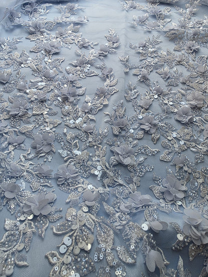 LL-1589, 3D Flower Lace Fabric in Bleu Color