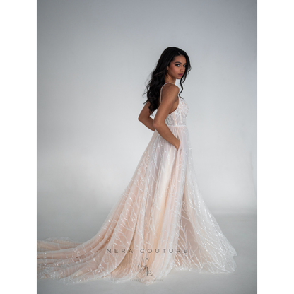EMILY Dress - Unique a line weddingdress with long sleeves and wide skirt in champagne-pink / blush color