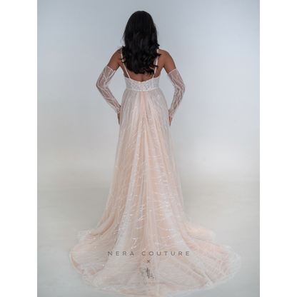 EMILY Dress - Unique a line weddingdress with long sleeves and wide skirt in champagne-pink / blush color