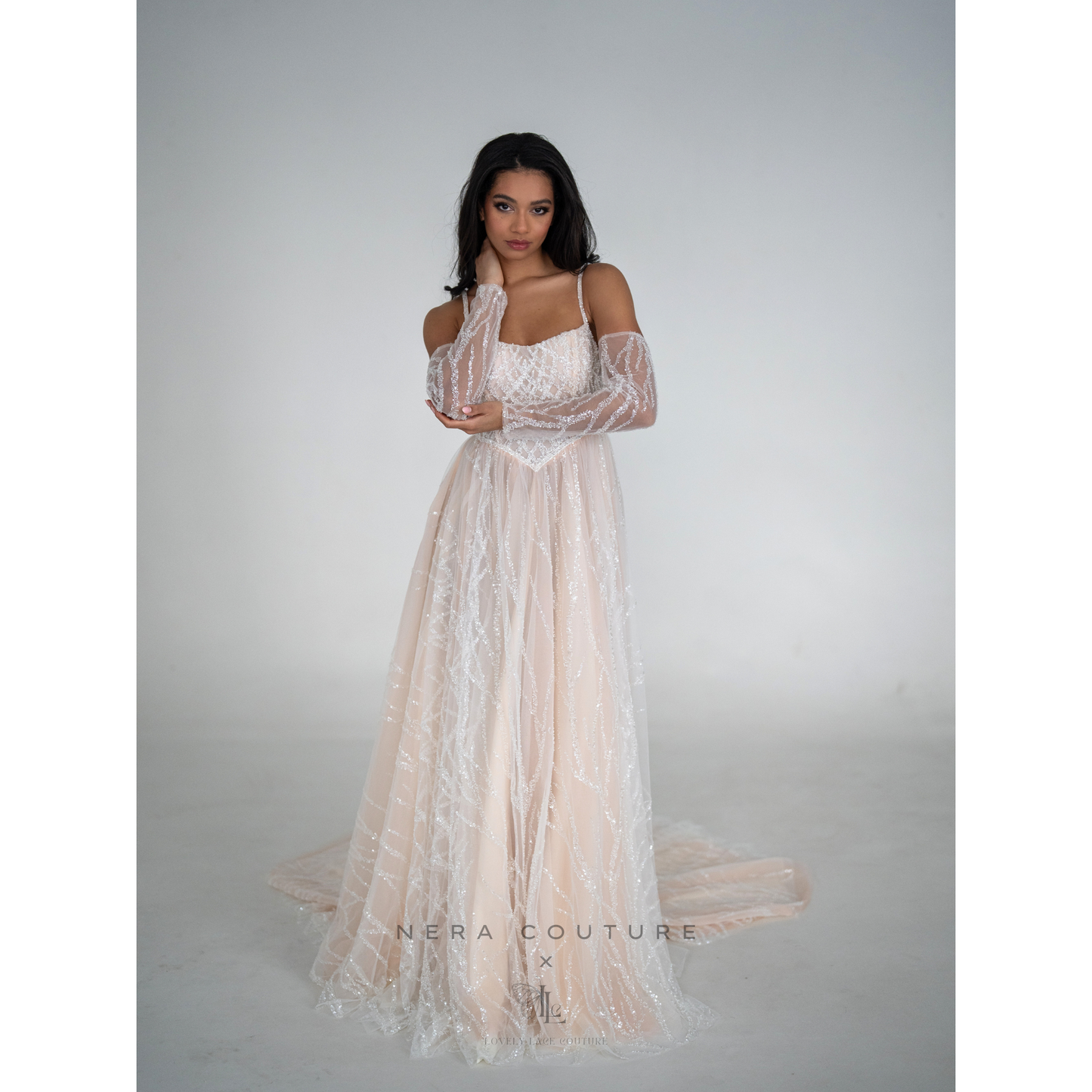 EMILY Dress - Unique a line weddingdress with long sleeves and wide skirt in champagne-pink / blush color