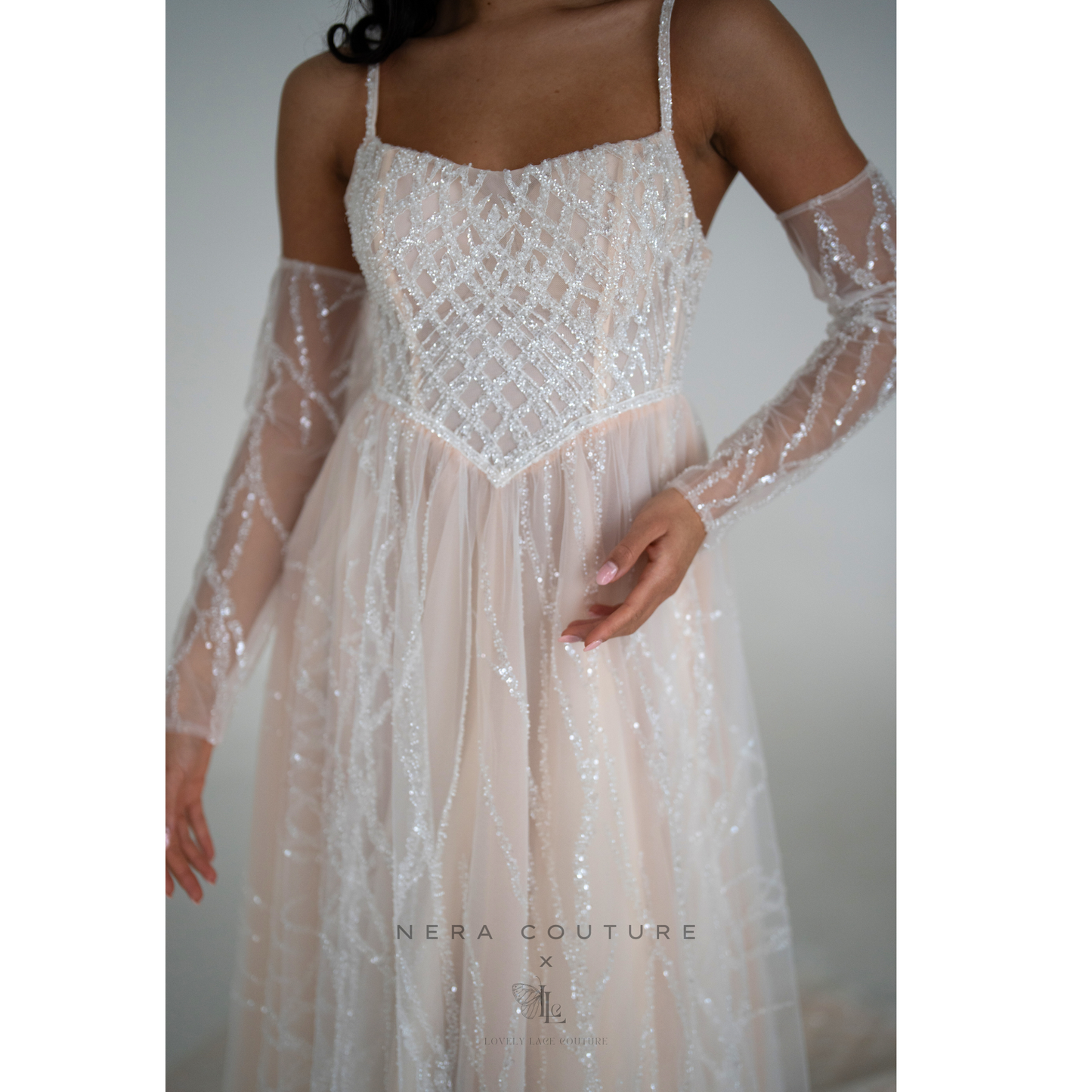 EMILY Dress - Unique a line weddingdress with long sleeves and wide skirt in champagne-pink / blush color