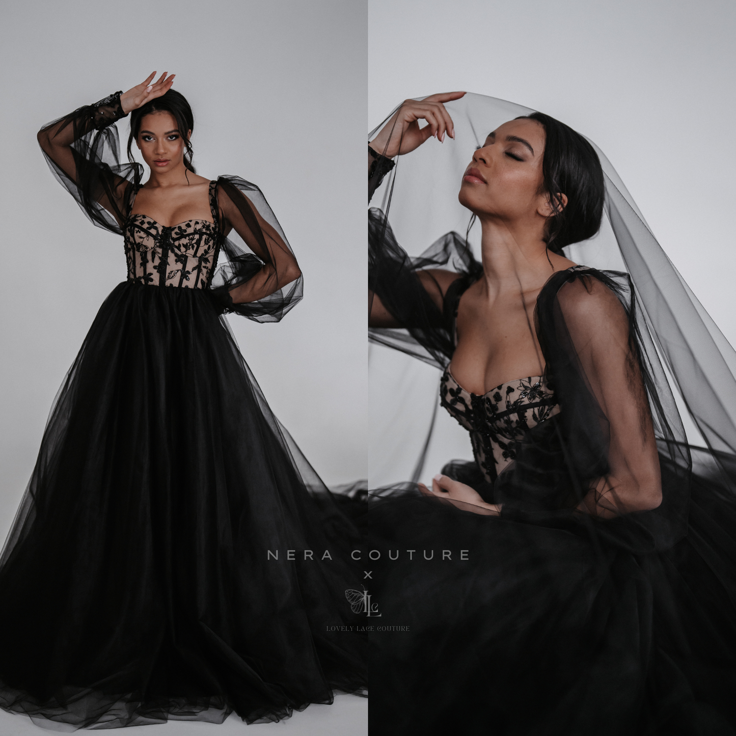 EMMA Dress - black weddingdress with lace corset, long sleeves and 300cm long train