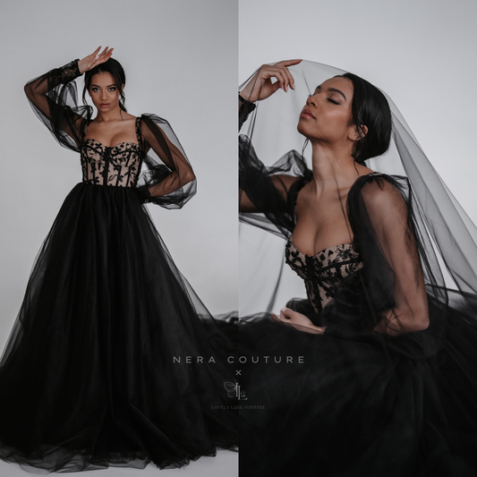 EMMA Dress - black weddingdress with lace corset, long sleeves and 300cm long train