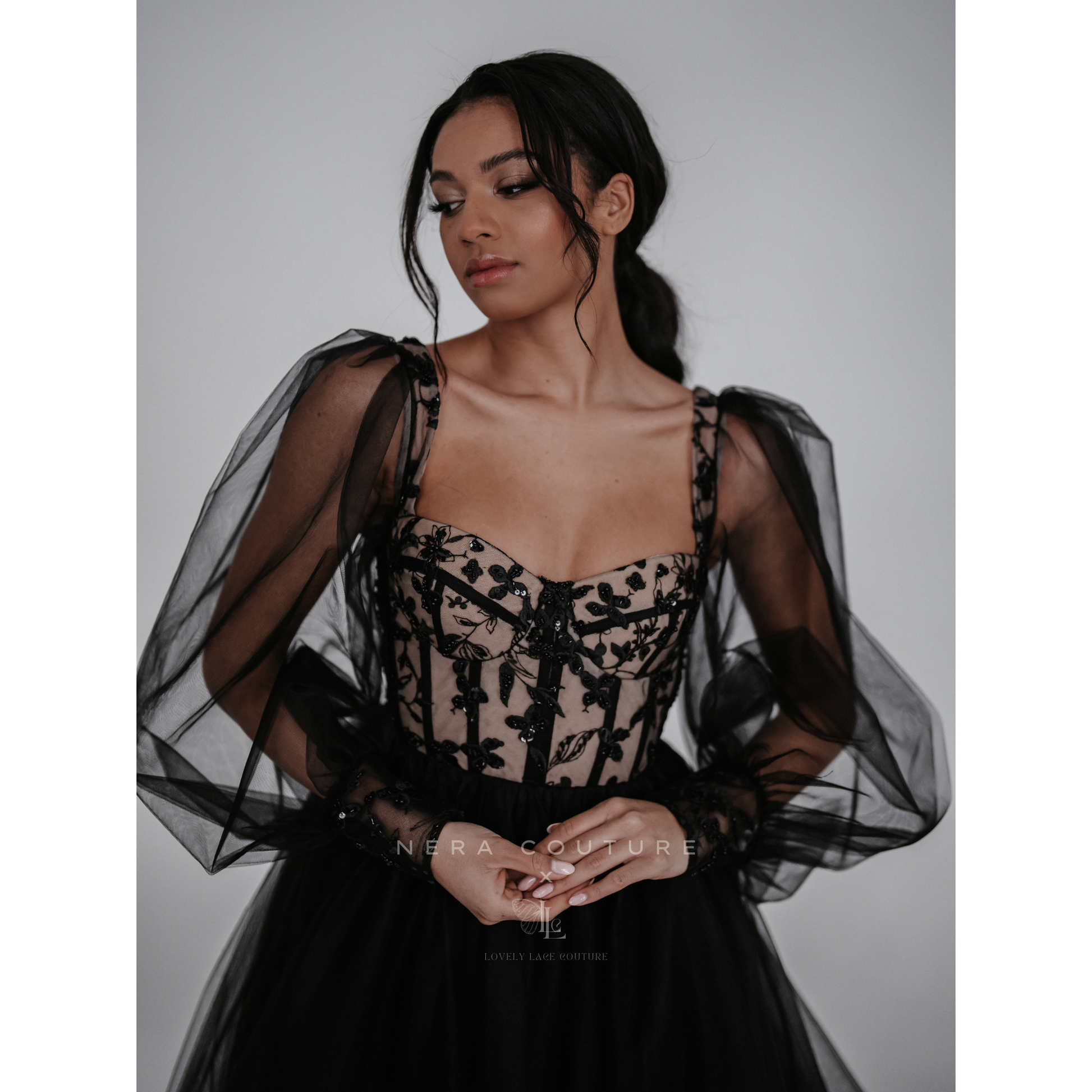 EMMA Dress - Black weddingdress with lace corset, long sleeves and 300cm long train Black / 40 EMMA Dress - Black weddingdress with lace corset, long sleeves and 300cm long train Black / 40