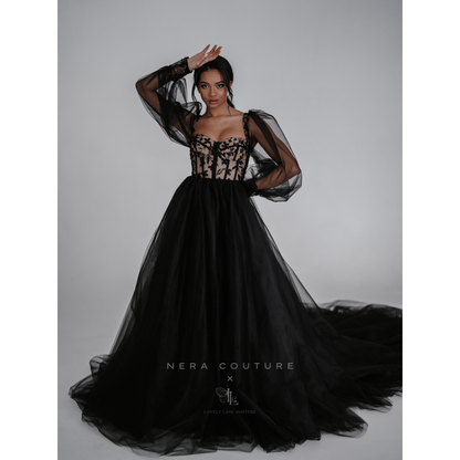 EMMA Dress - black weddingdress with lace corset, long sleeves and 300cm long train