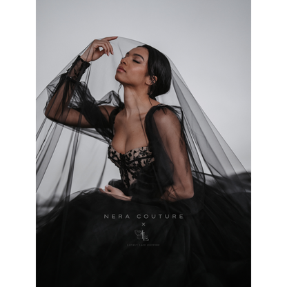 EMMA Dress - black weddingdress with lace corset, long sleeves and 300cm long train