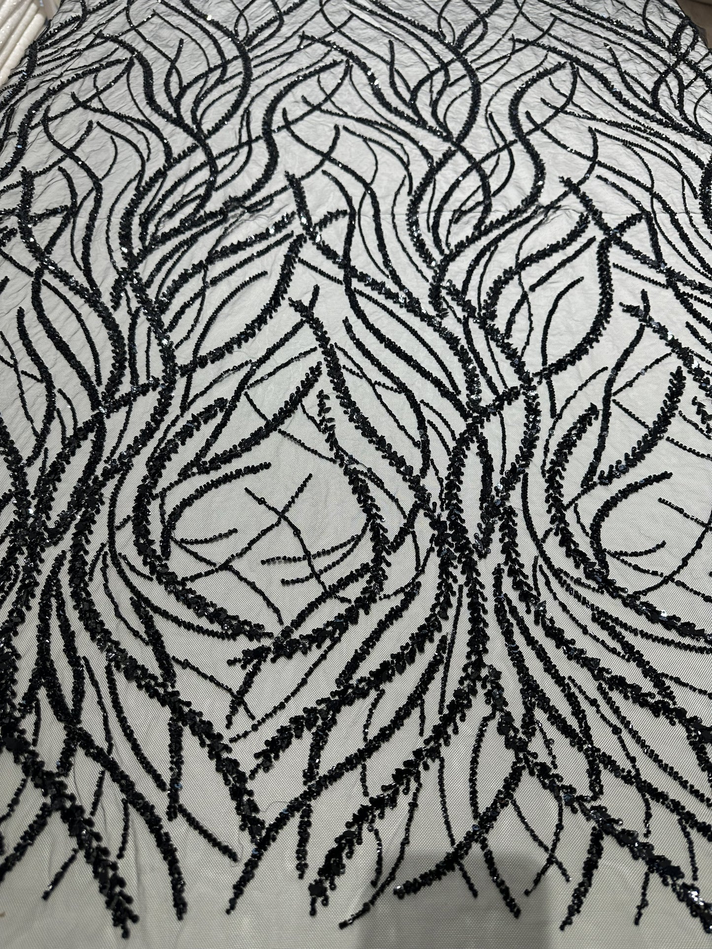 LL-1591, 3d black lace fabric with abstract wave design