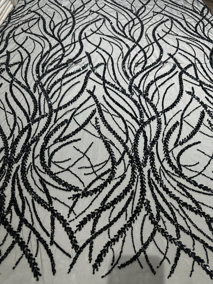 LL-1591, 3d black lace fabric with abstract wave design