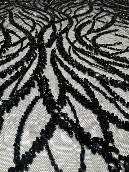 LL-1591, 3d black lace fabric with abstract wave design