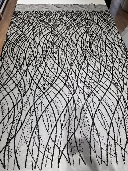 LL-1593, beaded black lace fabric with abstract wave design