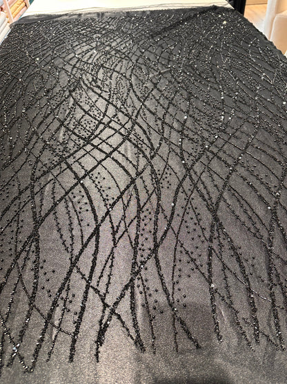 LL-1593, beaded black lace fabric with abstract wave design