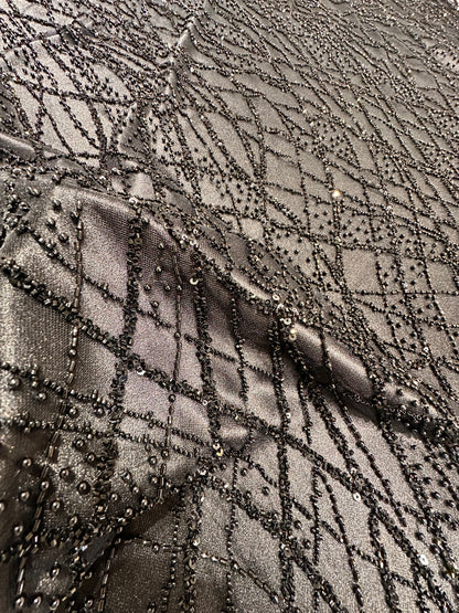 LL-1593, beaded black lace fabric with abstract wave design