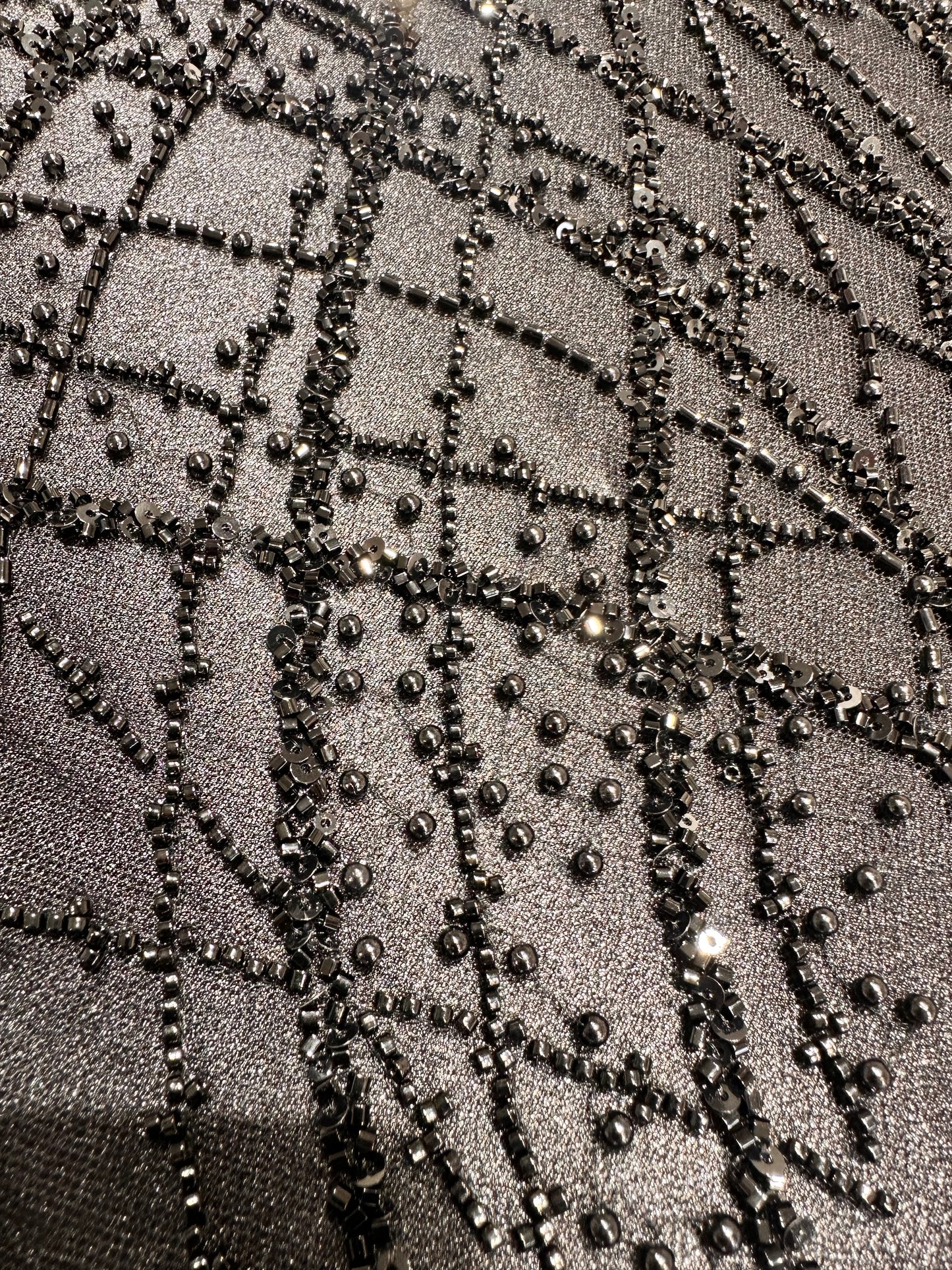 LL-1593, beaded black lace fabric with abstract wave design