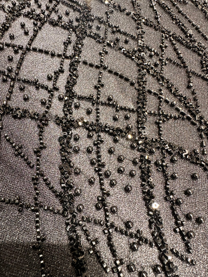 LL-1593, beaded black lace fabric with abstract wave design