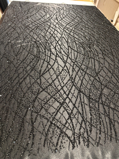 LL-1593, beaded black lace fabric with abstract wave design