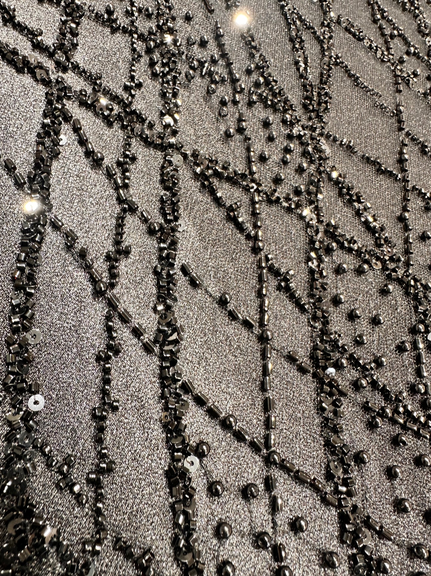 LL-1593, beaded black lace fabric with abstract wave design