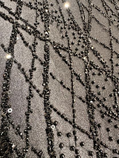 LL-1593, beaded black lace fabric with abstract wave design